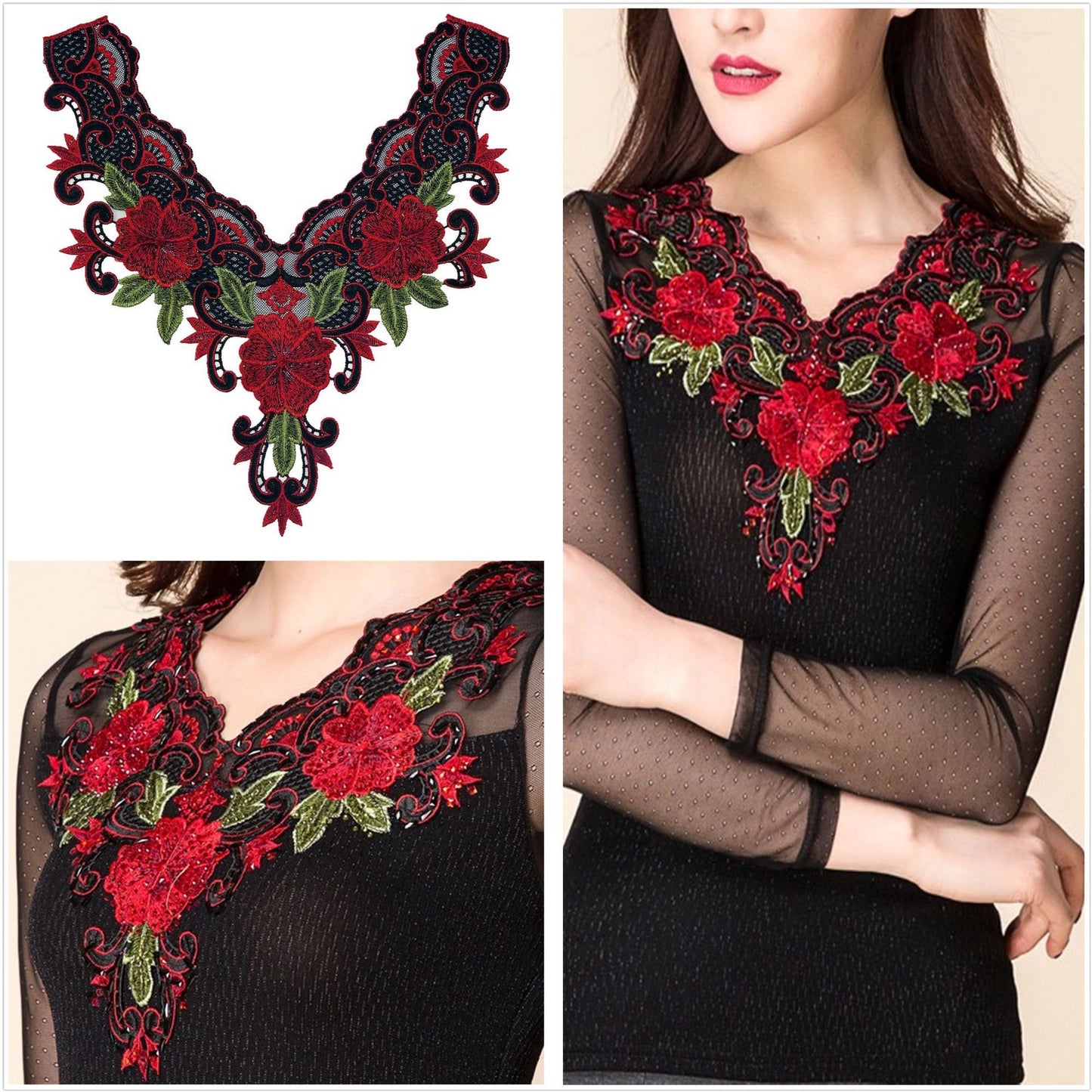 FLORAL EMBROIDERED RED NECKLINE FLOWER APPLIQUE