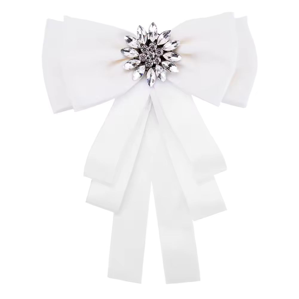 BOW BROOCH SILK WHITE WITH CRYSTAL