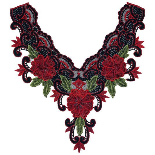 FLORAL EMBROIDERED RED NECKLINE FLOWER APPLIQUE